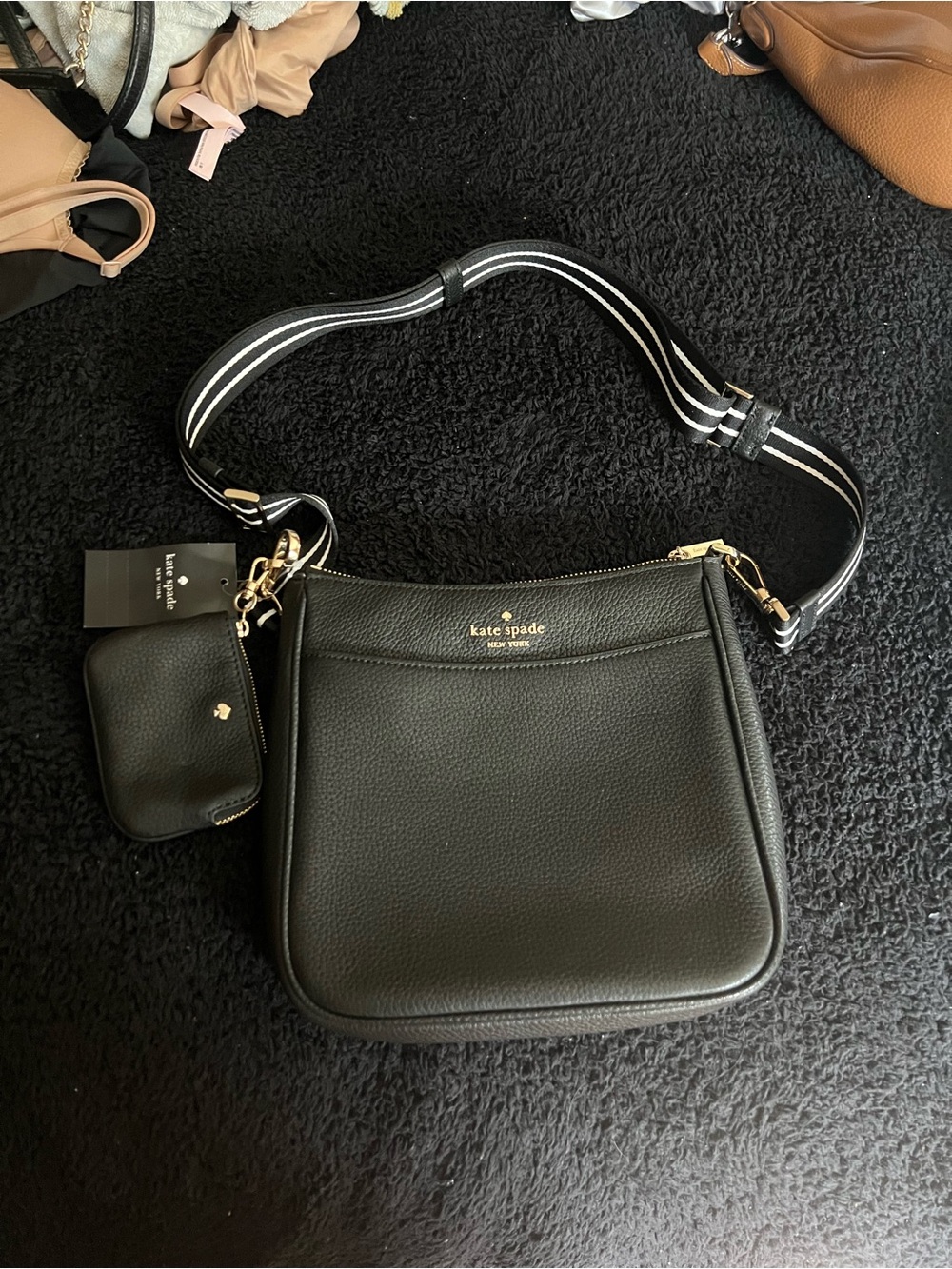 Kate Spade Black Leather Crossbody Bag with Striped Strap